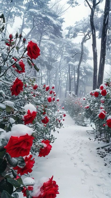 Aesthetic Red Rose Wallpaper, Red Roses In Snow, Roses Aesthetic Wallpaper Iphone, Red Rose Garden Aesthetic, Red Winter Wallpaper, Red Roses Wallpaper Aesthetic, Winter Flower Wallpaper, Roses In Snow, Flowers In Snow