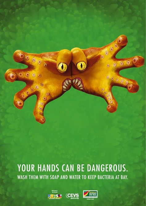 Painted Hands, Hand Washing Poster, Monster Hands, Awareness Poster, Ad Of The World, Creative Advertising Campaign, Publicidad Creativa, Street Marketing, Hand Hygiene