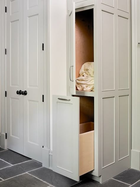 cabinets, gray cabinets, pull out cabinets, charcoal gray tiles, cha... Small Storage Ideas, Small Bathroom Cabinets, Small Bathroom Storage Cabinet, Grey Laundry Rooms, Laundry Room Storage Shelves, Laundry Chute, Small Laundry Room Organization, White Bathroom Cabinets, Mud Rooms