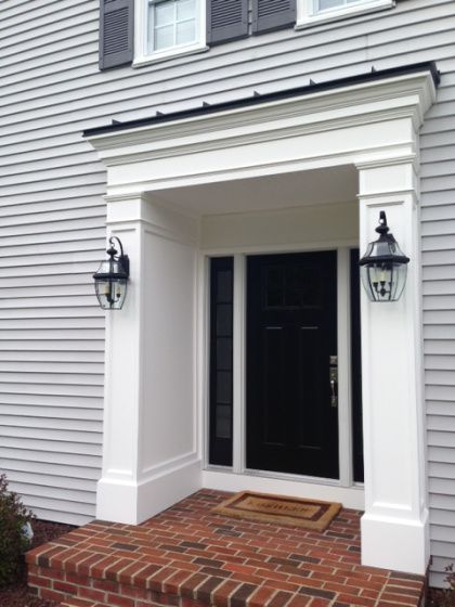 azek trim front door  | Great Ideas To Upgrade Your Front Entryway Front Door Off Center, Front Door Molding Exterior, Trim Entryway, Exterior Entryway Ideas, Front Door Trims, Colonial Front Door, Exterior Molding, Front Door Molding, Millwork Design