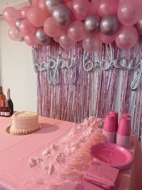 Silver And Pink 21st Birthday, 19th Birthday Party Decorations, 25th Birthday Pink Theme, Vintage Pink Party Decor, Pink Birthday Party Sleepover, Pink And White Bday Decorations, All Pink Birthday Party Ideas, Pink Whitney Party, Pink 25th Birthday Party Ideas