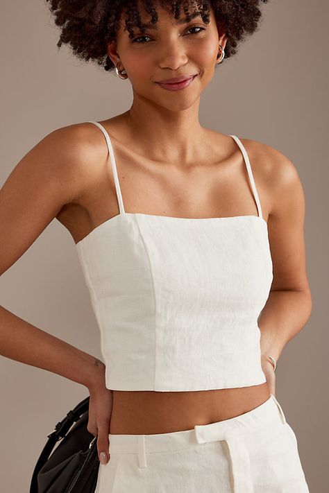 By Bardot 100% Linen Zipper styling Adjustable straps Smocked back Hand wash Imported Fit: Cropped length | Sita Linen Square-Neck Crop Top by Bardot in White, Women's Size: Uk 12 at Anthropologie White Linen Crop Top, White Linen Top Outfit, Linen Top Outfit, White Linen Top, Bridal Bra, Money Fashion, Linen Crop Top, 2024 Outfits, Linen Crops