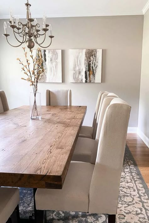 Modern Dining Room | Beige Dining Chairs | Neutral Dining Room Kelly Clarkson Dining Room Furniture, Dining Room Beige Chairs, Beige Dining Room Ideas Modern, Neutral Living Dining Room, Gray Wall Dining Room Ideas, Beige Chairs Dining, Tan And White Dining Room, Dining Room Beige Walls, Cute Dinning Rooms