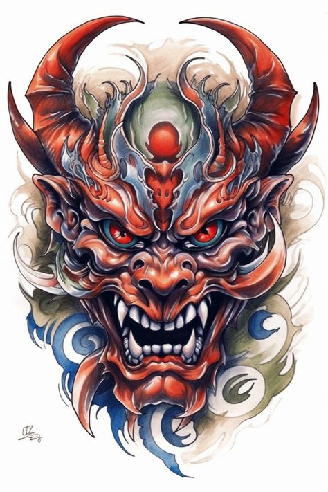 Oni neo traditional tattoo, tattoo sketch#3 Japanese Spirits, Tato Irezumi, Oni Maske, Oni Mask Tattoo, Dragon Tattoo Sketch, Red Dragon Tattoo, Dragon Tattoo Art, Japanese Dragon Tattoo, Yakuza Tattoo