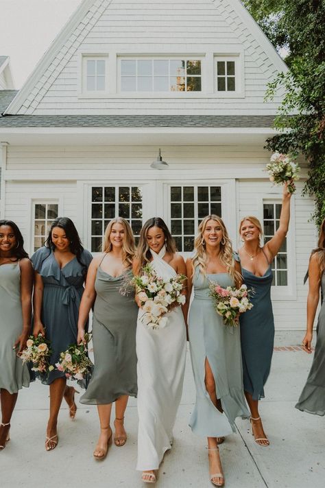 Mumu Wedding, Bridal Party Gowns, Silver Sage, Green Bridesmaid, Bridesmaid Dress Colors, Green Bridesmaid Dresses, Bridesmaids And Groomsmen, Blue Bridesmaid Dresses, Blue Bridesmaids