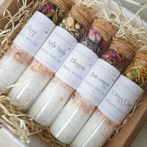 Bundle of 5 Organic Bath Salts in glass tubes (5x65g) – The Eden Collections Bath Salt Gift Ideas, Bath Salts Packaging Ideas, Organic Bath Salts, Globe Furniture, Different Scents, Rose Lavender, Luxurious Spa, Christmas Artwork, Dead Sea Salt