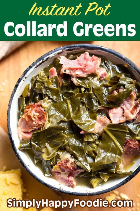 Rich, flavorful Instant Pot Collard Greens are cooked with a ham hock or turkey legs, etc. You will love these pressure cooker collard greens with a side of cornbread! simplyhappyfoodie.com, instapot collard greens, instant pot dinner ideas, instant pot recipes Instant Pot Collard Greens Ham Hock, Instant Pot Greens, Instant Pot Collard Greens Recipe, Instant Pot Collard Greens, Cooking Collard Greens, How To Grow Kale, Collard Greens With Bacon, Grow Kale, Simply Happy Foodie