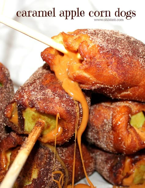 ~Caramel Apple Corn Dogs! | Oh Bite It Fried Fair Food, Deep Fried Fair Food, Carnival Foods, Deep Fried Foods, Carnival Eats, Deep Fried Recipes, Corndog Recipe, Fried Dessert, State Fair Food