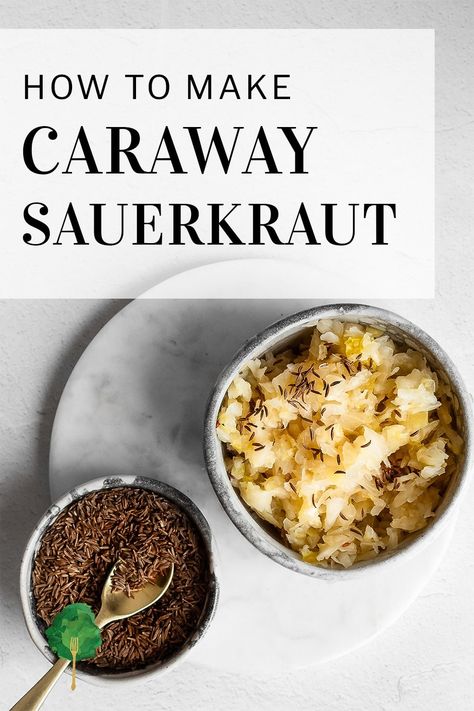 With its bright pops of caraway seeds, this sauerkraut recipe is a delicious variation on the classic. It's easy to make, you'll just need cabbage, salt and caraway seeds. Sauerkraut Recipe, Homemade Sauerkraut, Sauerkraut Recipes, Fermented Vegetables, Vegetarian Cabbage, Caraway Seeds, Healthy Bacteria, Unprocessed Food, Food Preservation