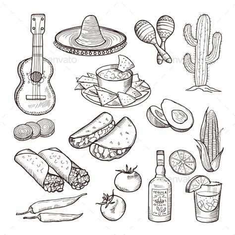 Mexican Culture Elements Tequila Tattoo Ideas, Mexican Symbols Tattoo, Sombrero Tattoo, Taco Tattoo, Mexican Illustration, Mexico Tattoo, Pink Hotel, Mexican Tattoo, Kunstjournal Inspiration