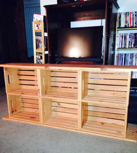 TV Stand made from crates.  Just stained the crates Michael's with coupons and bought pre cut wood for top and bottom. Screwed pieces together.  Under $70 total Wooden Crate Tv Stand Diy, Wooden Crate Tv Stand, Wooden Crates Tv Stand, Wooden Crate Ideas, Diy Wood Crate, Crate Tv Stand, Crate Projects, Pallet Tv, Pallet Tv Stand