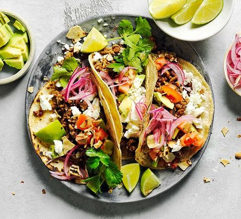 Next level minced beef tacos Beef Taco Recipe, Mushroom Tacos, Beef Taco, Beef Tacos, Taco Recipe, Drink Photography, Bbc Good Food, Bbc Good Food Recipes, Pickled Onions