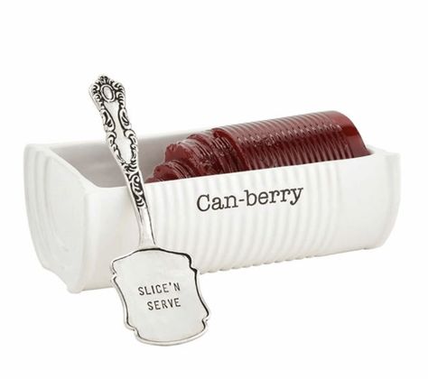 2-piece set. Ceramic can textured dish features Can-berry sentiment. Arrives with silverplate spatula. dish 3 1/4" x 7" | server 6" Thanksgiving Dining, Pie Dip, Serveware Entertaining, Holiday Table Settings, Cranberry Color, Spatula Set, Cranberry Sauce, Dish Sets, Mud Pie