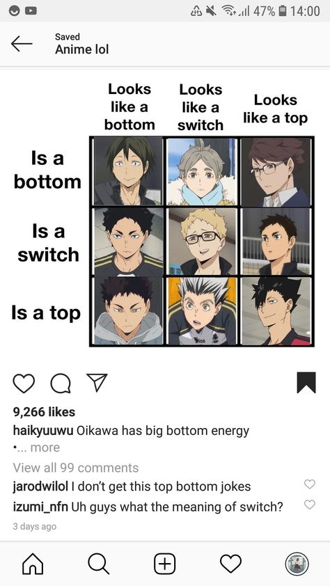 Top And Bottom Jokes, Top Or Bottom Jokes, Watch Haikyuu, Haikyuu Karasuno, Anime Songs, Haikyuu Funny, Haikyuu Ships, Anime Boyfriend, Anime Life