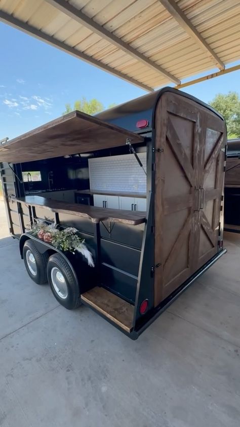 Instagram Craft Trailer Ideas, Cattle Trailer Conversion, Boho Mobile Bar, Inside Horse Trailer Bar, Diy Horse Trailer Bar, Horse Trailer Lemonade Stand, Mobile Bakery Trailers, Inside Mobile Bar Trailer, Mobile Bar Interior