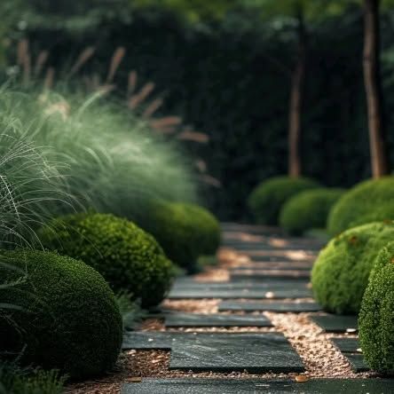 DB Gardens | GARDEN IDEAS & DESIGN INSPIRATION Tag someone that need to see this🏡🌿 #boxwood #hedges #landscaping #gardening #greenery #outdoordecor... | Instagram Wood Path, Japanese Garden Landscape, Walkway Landscaping, Stone Path, Side Yard, Garden Photos, Patio Stones, Garden Shop, Tropical Garden