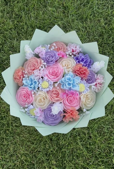 Forever Flower, Ribbon Flower Bouquet Graduation, Purple Ribbon Flower Bouquet, Stitch Eternal Rose Bouquet, Eternal Flower Bouquet Ribbon, Mother’s Day Eternal Bouquet, Satin Flowers Diy, Ribbon Rose Bouquets, Ribbon Flowers Bouquet