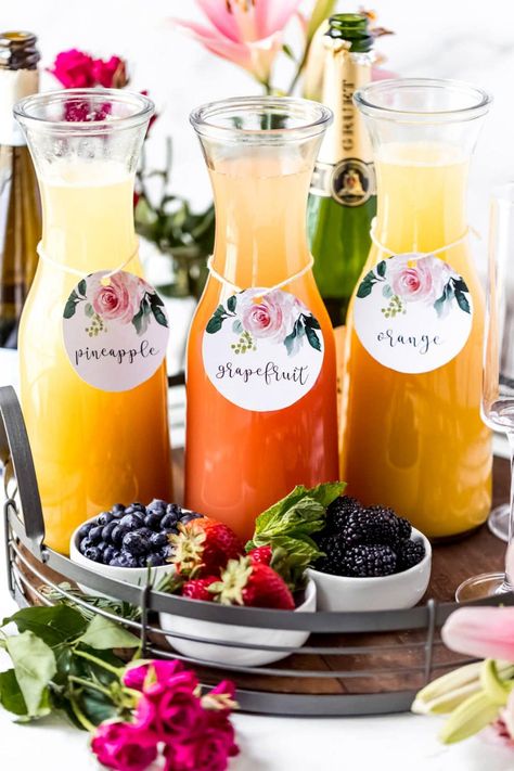 It's brunch season and you're going to definitely want this Mimosa Board on your menu! It's a twist on a charcuterie board idea, with three different mimosa options and all the fresh fruit to enjoy! Alcohol Charcuterie Board, Mimosa Board, Mimosa Pitcher, Pitcher Ideas, Mimosa Flight, Cocktails Made With Gin, Healthy Brunch Recipes, Mimosa Recipe, A Charcuterie Board