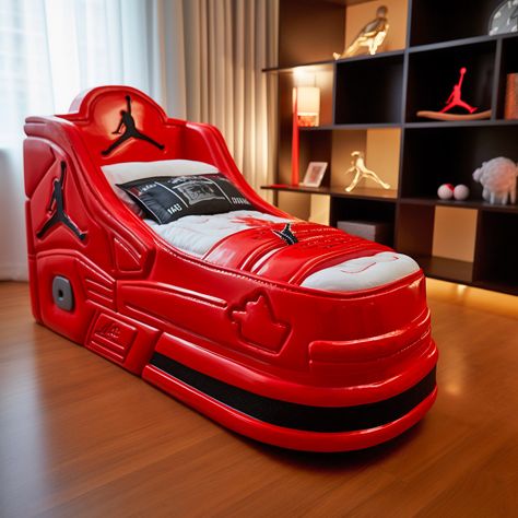 These Air Jordan Sofas and Beds are a Slam Dunk for Sneakerheads Jordan Room Ideas, Original Beds, Red And White Converse, House Gadgets, Sneakerhead Room, Basketball Room, Jordan Shoe, Africa Art Design, Cool Panda