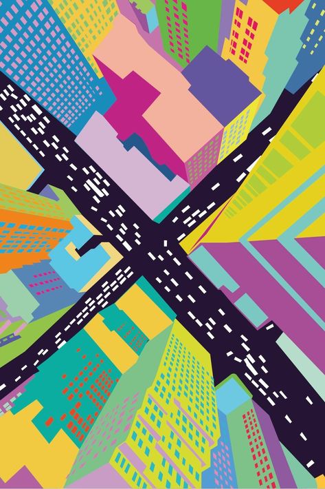 City Pattern Design, Urban Environment Art, Pop Art Building, City Landscape Illustration, Pop Art Architecture, City Illustration Art, Urban Landscape Art, Urban Graphic Design, Urban Pattern