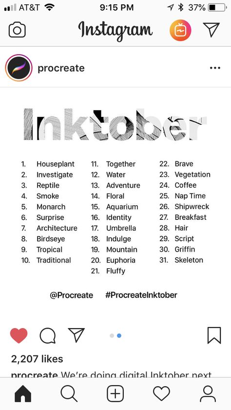 Procreate’s inktober list. 30 Day Procreate Challenge, Procreate Challenge, Procreate Drawing Challenge, Procreate Prompts, Procreate Drawing Prompts, 30 Day Drawing Challenge, Drawing Ideas List, Art Journal Prompts, Procreate Ipad Art