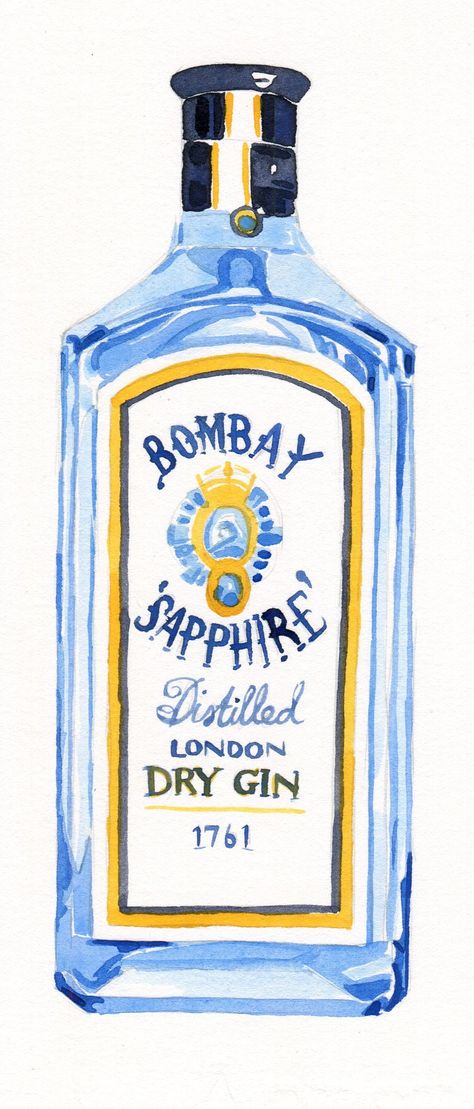 Watercolour Bombay Sapphire gin Bombay Sapphire Gin, London Gin, Bottle Drawing, Bombay Sapphire, London Dry Gin, Cocktail Art, Gin Bottles, Dry Gin, Gin Tonic