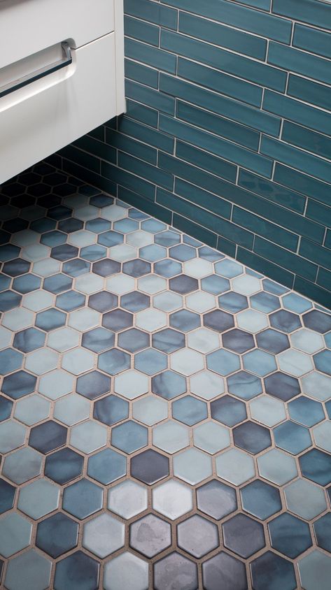 elegant bathroom floor made with sleek hexagonal tiles Bathroom Remodel Hexagon Tile Floor, Blue Hexagon Tile Bathroom, Blue Bathroom Floor, Blue Hexagon Tile, Hexagon Tile Bathroom Floor, Bathroom Floor Tile Ideas, Hexagon Tile Bathroom, Floor Tile Ideas, Best Bathroom Flooring