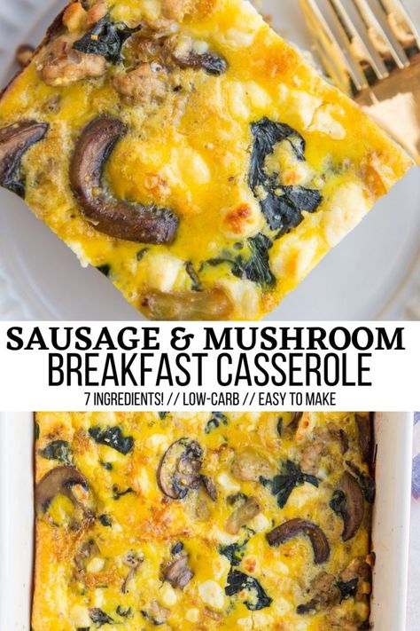 Sausage and Mushroom Breakfast Casserole - Sausage Breakfast Casserole with mushrooms, spinach, onion, and garlic. Only 7 ingredients, so easy to make, and absolutely delicious for breakfast or brunch! #keto #lowcarb Breakfast Casserole Keto, Mushroom Breakfast Casserole, Dairy Free Breakfast Casserole, Sausage Egg Bake, Sausage Mushroom, Mushroom Breakfast, Low Carb Breakfast Casserole, Leftover Breakfast, Spinach Breakfast