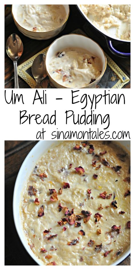 Um Ali - Egyptian Bread Pudding Recipe | sinamontales Egyptian Bread Recipe, Egyptian Foods, Egyptian Bread, Egyptian Desserts, Egyptian Recipes, Arabic Dessert, Middle Eastern Desserts, Bread Puddings, Middle Eastern Cuisine