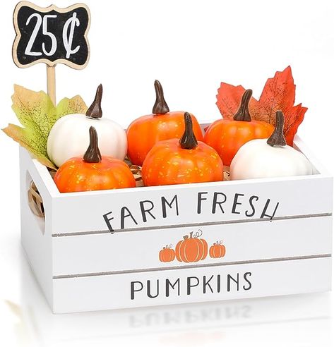 Farmhouse Fall Decor】Elevate your fall decor with KORMMCO's Thanksgiving Mini Crate, great for tiered tray decor, table centerpiece, or mantel decoration. 【Mini Pumpkins & Maple Leaves】The kit includes 1 mini wooden crate print farm fresh pumpkin, and 10 maple leaves, along with raffia and price tag, adding a touch of rustic charm to your fall table decor. Thanksgiving Tiered Tray Decor, Farmhouse Dining Table Decor, Thanksgiving Tiered Tray, Pumpkin Table Centerpiece, Fall Pumpkin Centerpieces, Mini Crates, Farmhouse Table Centerpieces, Fall Tiered Tray Decor, Fresh Pumpkin