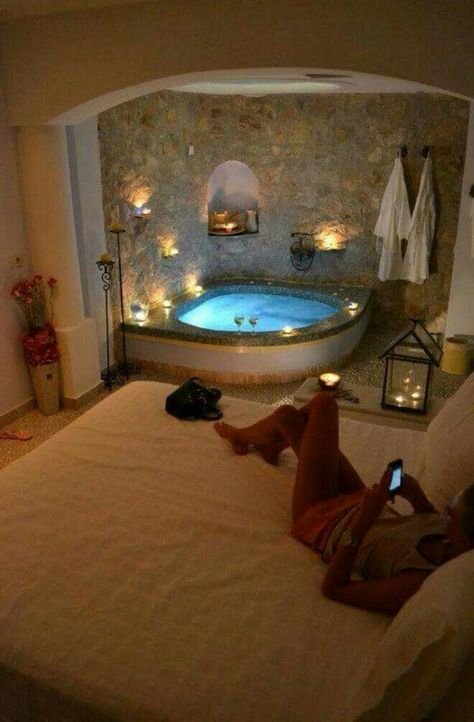 ❤️ the tub lights and openness of the bathroom to bedroom Dream Rooms For Teens, Octagon House, Cave Hotel, Romantic Candlelight, Honeymoon Suite, Target Home Decor, Jacuzzi Tub, Romantic Bedroom, Heated Floors