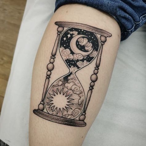 Glass Timer Tattoo, Traditional Hour Glass Tattoo Ideas, Steampunk Hourglass Tattoo, Sun And Moon Sand Timer Tattoo, Neo Trad Hourglass Tattoo, Cool Hourglass Tattoo, Sun Moon Hourglass Tattoo, Time Sand Clock Tattoo, Sun And Moon Hourglass Tattoo