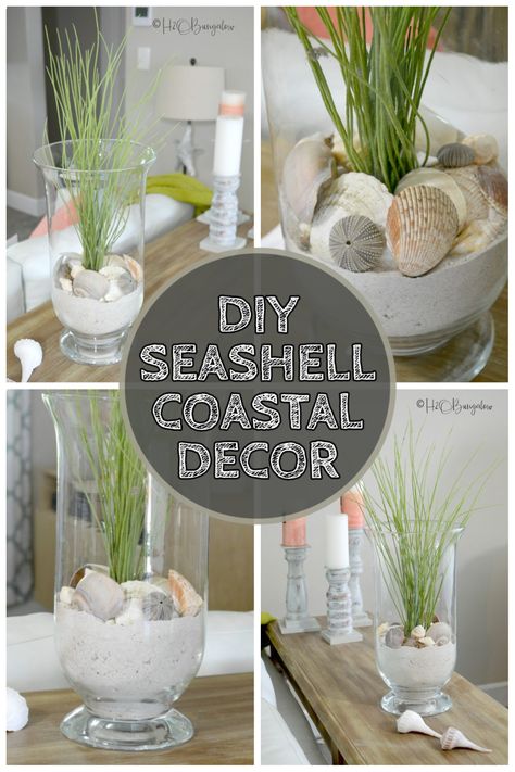 Decor can come from the most simple places. Take that beach keepsake and turn it into the perfect warm weather centerpiece with this DIY seashell coastal decor. Coastal Centerpiece Ideas, Beach Centerpieces Diy, Coastal Tablescapes, Beach Theme Centerpieces, Beach Keepsakes, Seashell Centerpieces, Beach Centerpieces, Tall Lanterns, Themed Rooms