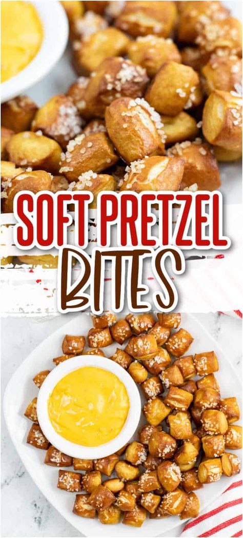 These soft pretzel bites are the perfect snack! Chewy, salty, and perfect for dipping they are great for parties! These easy homemade soft pretzel bites are always a hit with everyone! Diy Pretzels Easy, Quick And Easy Pretzel Bites, Simple Pretzel Recipe, Pretzel Topping Ideas, Quick Pretzel Bites, Homemade Mini Pretzels, How To Make Pretzel Bites, Pretzilla Bites, Pretzel Bites From Biscuits