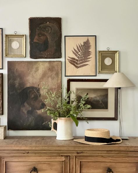 Holly Garritano | Love a good vintage gallery wall. Swipe to see the sources! I put together a list of things to keep in mind when planning a vintage gallery… | Instagram Southwestern Gallery Wall, Cottage Core Photo Wall, Gallery Wall In Corner, Gallery Wall Above Dresser, Art Above Dresser, Vintage Gallery Wall Ideas, Cottagecore Gallery Wall, Dresser In Bedroom, Above Dresser