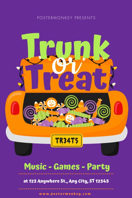 Purple Illustrative Trunk Or Treat Poster Trunk Or Treat Advertising, Trunk Or Treat Invitations, Trunk Or Treat Awards, Trunk Or Treat Registration Form, Trunk Or Treat Flyer, Halloween Party Night, Linkedin Background Image, Kindle Book Cover, Facebook Templates