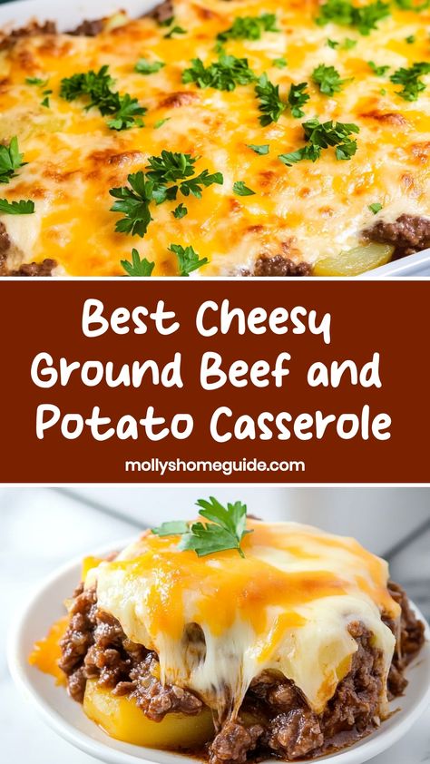 Indulge in the ultimate comfort food with this flavorful and satisfying cheesy ground beef and potato casserole recipe. Layers of seasoned ground beef, tender potatoes, and gooey melted cheese come together to create a hearty dish that's perfect for weeknight dinners or special gatherings. Easy to make and loved by the whole family, this casserole is sure to become a staple in your meal rotation. Burger And Potato Casserole, Ground Beef With Potatoes Recipes, Hamburger And Potatoes Casserole, Ground Beef Potato Recipes, Potato And Ground Beef, Best Hamburger Casserole Recipes, Beef And Potato Casserole, Ground Beef Potato Casserole, Potatoe Dinner Recipes