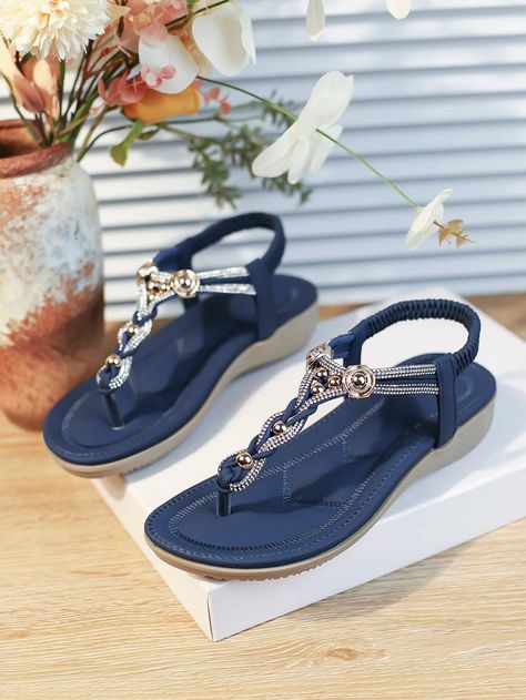 EMERY ROSE Fashionable Thong Sandals For Women, Rhinestone & Beaded Decor Slingback Flat Sandals | SHEIN USA French Style Outfits, Fashion Sandals Flat, Beaded Decor, Slingback Flats, Sandals For Women, Womens Sandals Flat, Casual Flats, Girls Headbands, Sandal Fashion