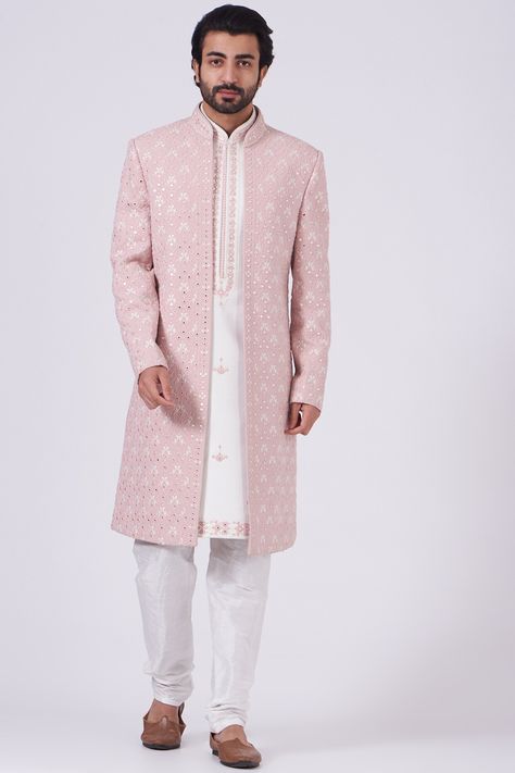 Featuring a old rose long bandhgala jacket in silk base with gota, sequins and thread embroidery. It is paired with contrasting white kurta and a churidar pants.  FIT: True to size. COMPOSITION: Blended silk. CARE: Dry clean only. Engagement Dress For Men, Best Wedding Suits For Men, Best Wedding Suits, Men Kurta, White Kurta, New Address, Pants Fit, Engagement Dresses, Old Rose