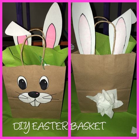 Cute & simple Easter basket made out of paper bag w. Paper bunny face cut outs! #DIY #EasterBasket #BunnyBag #GiftBag #DoItYourself Easter Paper Bag Ideas, Easter Bag Craft, Brown Bag Bunny Craft, Easter Paper Bags, Paper Bag Easter Basket, Brown Bag Easter Bags, Easter Bunny Paper Bags, Bunny Paper Bag, Easter Bags Ideas