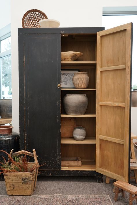 Rustic Tall Cabinet, Tall Living Room Cabinet, Black Armoire, Rock Cottage, Pantry Designs, Solid Wood Armoire, Wooden Armoire, Rustic Furniture Design, Armoire Makeover