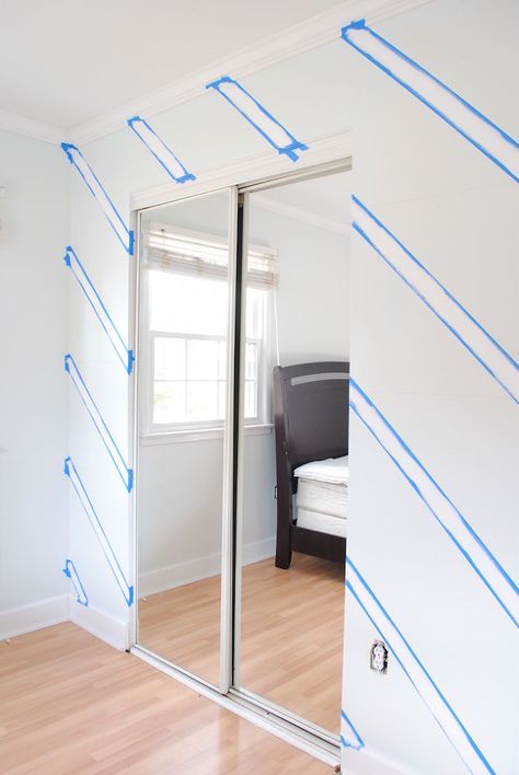 Diagonal Painted Wall, Restoration Hardware Table, Baseboard Heater Covers, Modern Baseboards, Accent Wall Stencil, Stripe Wall, Boys Bedroom Makeover, Cute Curtains, Focal Wall