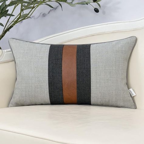 Amazon.com: Yangest Grey Patchwork Linen Lumbar Throw Pillow Cover Farmhouse Burlap Cushion Case Faux Leather Oblong Pillowcase for Sofa Couch Bedroom Living Room Home Decor, 12x20 Inch : Home & Kitchen Couch Bedroom, Leather Throw Pillows, Farmhouse Throw Pillow, Black Lounge, Natural Cushions, Patchwork Pillow, Modern Throw Pillows, Garden Pillows, Cushion Inserts