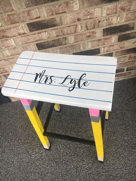 Teacher Bar Stool, Classroom Stools Painted, Diy Teacher Stool, Teacher Stools Painted Diy, Painted Teacher Stool, Teacher Stool, Authors Chair, Teacher Stools, School Library Book Displays