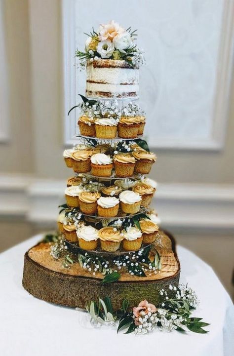 rustic wedding cake with cupcakes Cupcake Tree Stand, Basic Cupcakes, Wedding Cake With Cupcakes, Tree Cupcake Stand, Cupcake Tower Cake, Cake With Cupcakes, Wedding Cake Tree, Cupcake Tree, Different Wedding Cakes