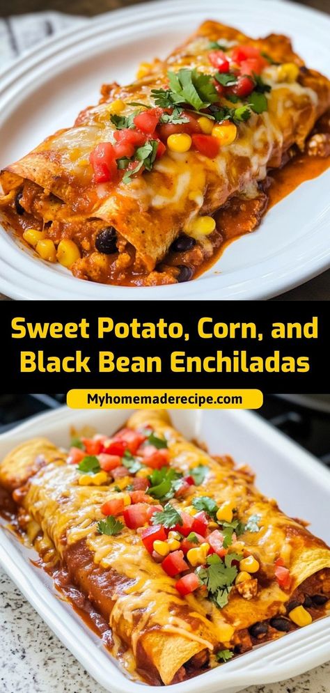 These sweet potato, corn, and black bean enchiladas are flavorful, healthy, and perfect for fall. A delicious vegetarian meal packed with flavor! Ingredients: 1 cup sweet potato, diced ½ cup black beans ½ cup corn 4 corn tortillas Try these enchiladas for a hearty and cozy meal, perfect for chilly fall nights Vegan Sweet Potato Enchiladas, Black Bean And Corn Enchiladas, Sweet Potato And Black Bean Enchiladas, Sweet Potato Mexican, Sweet Potato And Black Beans, Black Bean Sweet Potato Enchiladas, Healthy Black Bean Recipes, Sweet Potato And Corn, Sweet Potato Black Bean Enchiladas