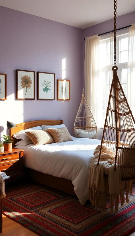 Step into this cozy, eclectic bedroom, where soft, muted lavender walls create a tranquil backdrop for framed botanical prints. An oversized plush bed, layered with white linens and a textured throw pillow, beckons relaxation. A vintage nightstand showcases a potted succulent and a whimsical bird lamp, while a colorful woven rug warms the floor. A hanging macramé chair in the reading nook invites you to unwind, with sheer curtains letting in gentle sunlight. #CozyBedroom #EclecticDecor #HomeInspiration Lavender Guest Bedroom, Lavender Bedroom Walls, Spanish Mediterranean Homes Interior, Cozy Eclectic Bedroom, Mediterranean Home Interior Design, Bedroom Colour Ideas, Muted Lavender, Textured Throw Pillow, Cozy Eclectic