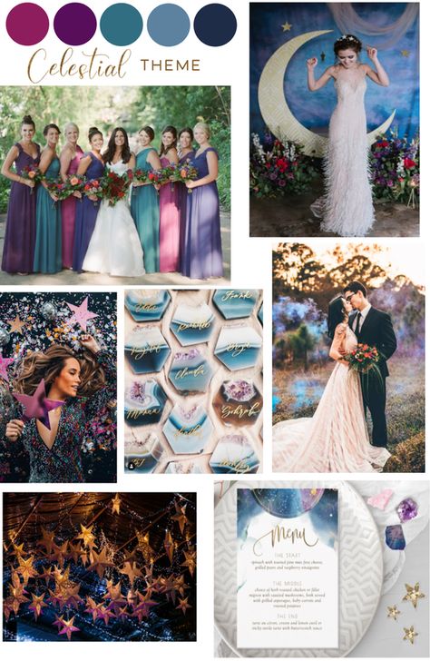 Gorgeous celestial wedding color palette, theme ideas, inspiration, stationery and products. #celestialwedding #celestialweddingthemecolorschemes #celestialweddingideas #celestialweddingreception #celestialjeweltonewedding #2022weddingtrends #2022weddingtrendscolorschemes #2022weddingcolors #purpleandbluewedding #purpleandbluecelestialwedding Royal Colors Wedding, Starry Night Wedding Colors, Celestial Wedding Party, Celestial Wedding Palette, Colorful Celestial Wedding, Galaxy Wedding Color Palette, Starry Night Wedding Color Palette, Star Wars Wedding Color Scheme, Celestial Color Palette Wedding