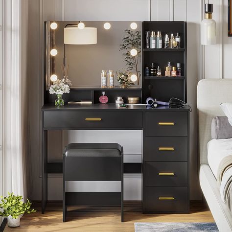 Makeup Vanity Set with Mirror and Lights, Makeup Dressing Table Vanity Desk with Charging Station&Cushioned Stool&Visible Drawers for Bedroom, Black - Walmart.com Black Vanity Table, Vanity Set With Lights, Wood Makeup Vanity, London Bedroom, Lights Makeup, Black Ivy, Makeup Vanity Set, Entry Furniture, Table Vanity