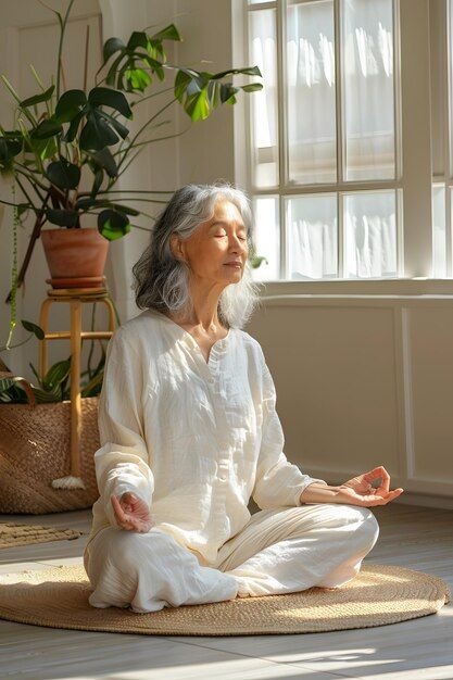 Premium Photo | Peaceful Morning Meditation with MiddleAged Asian Woman People Meditating, Zen Woman, Peaceful Woman, Meditation Woman, Therapy Aesthetic, Meditating Woman, Indian Meditation, Morning Photoshoot, Meditation Pictures